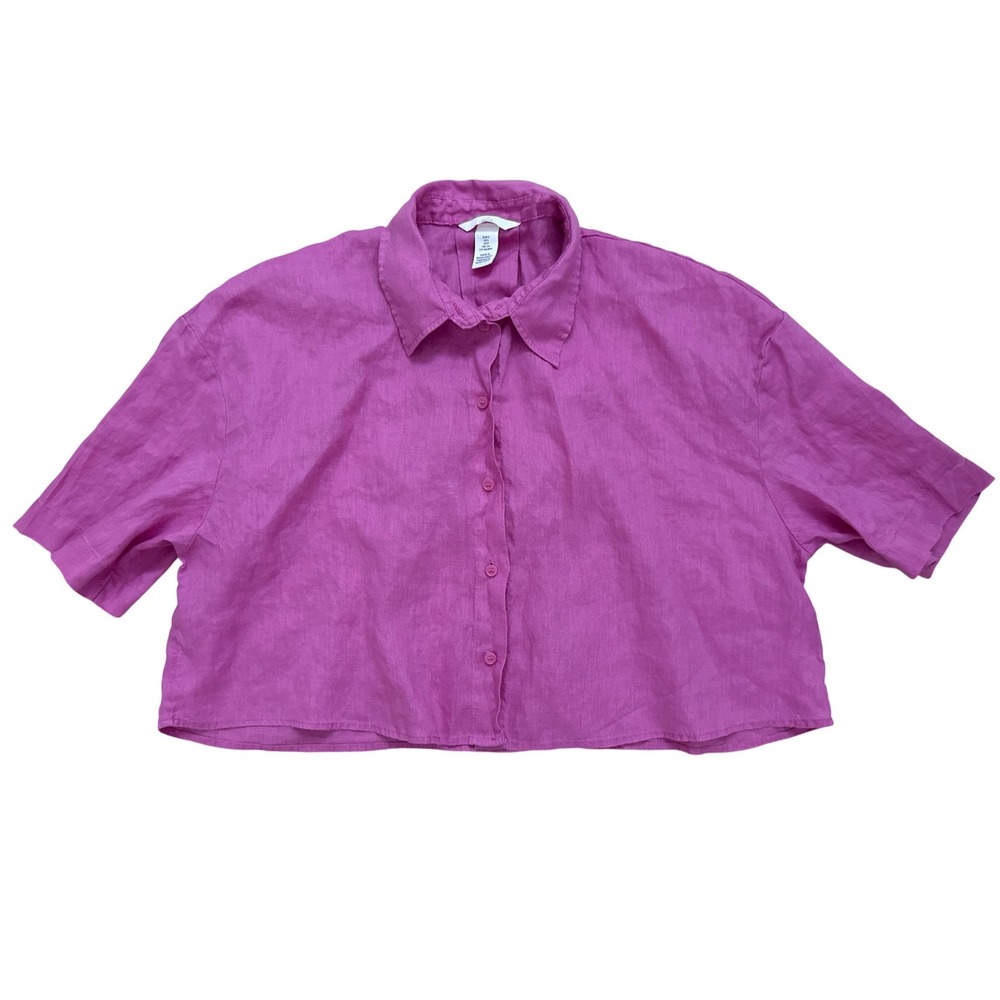 H&M Women Shirt Linen Cropped Short Sleeve Coastal Summer Barbiecore Size S